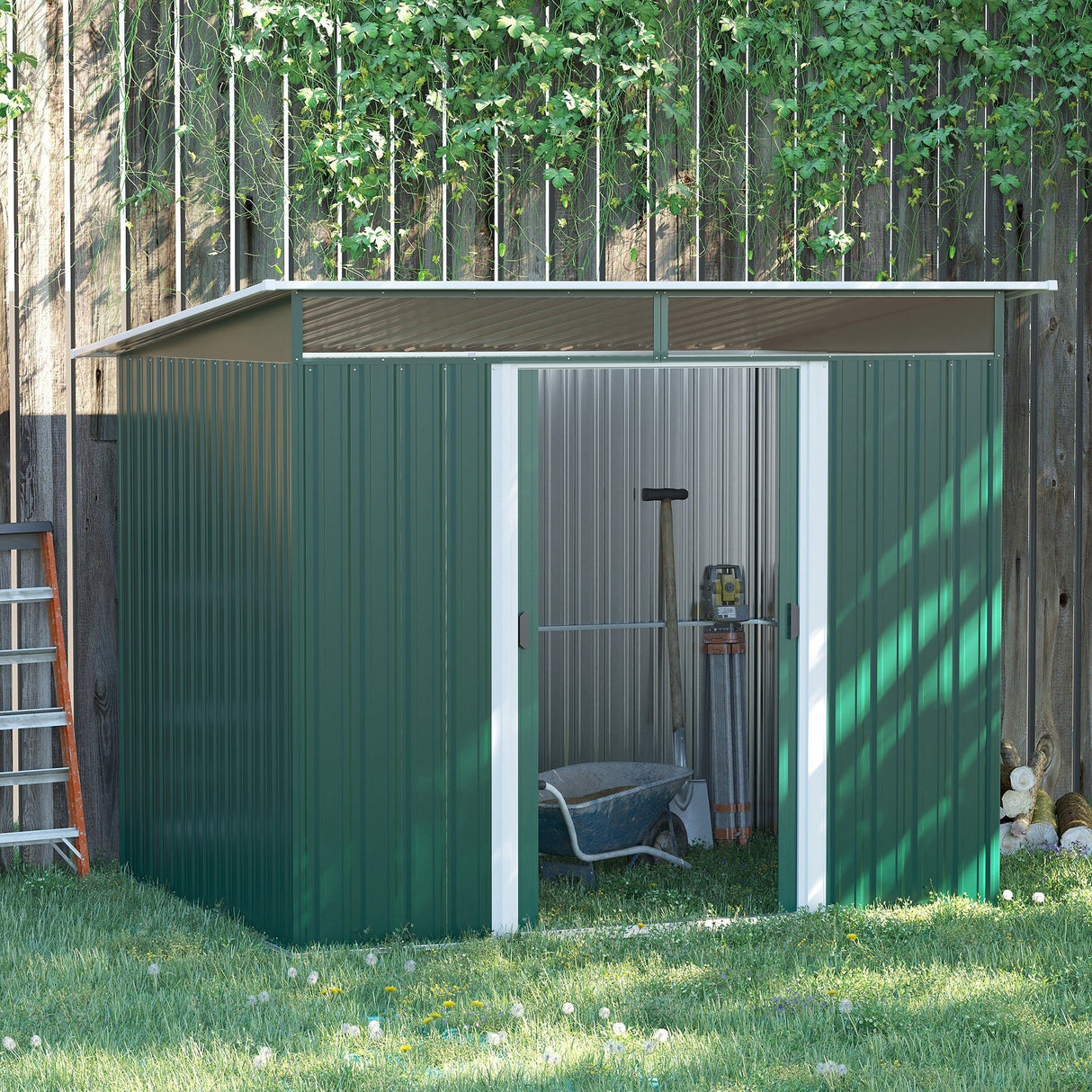 Metal Shed 8.5 x 6ft, Lightsky Panels Garden Storage Tool House Double Doors, Green