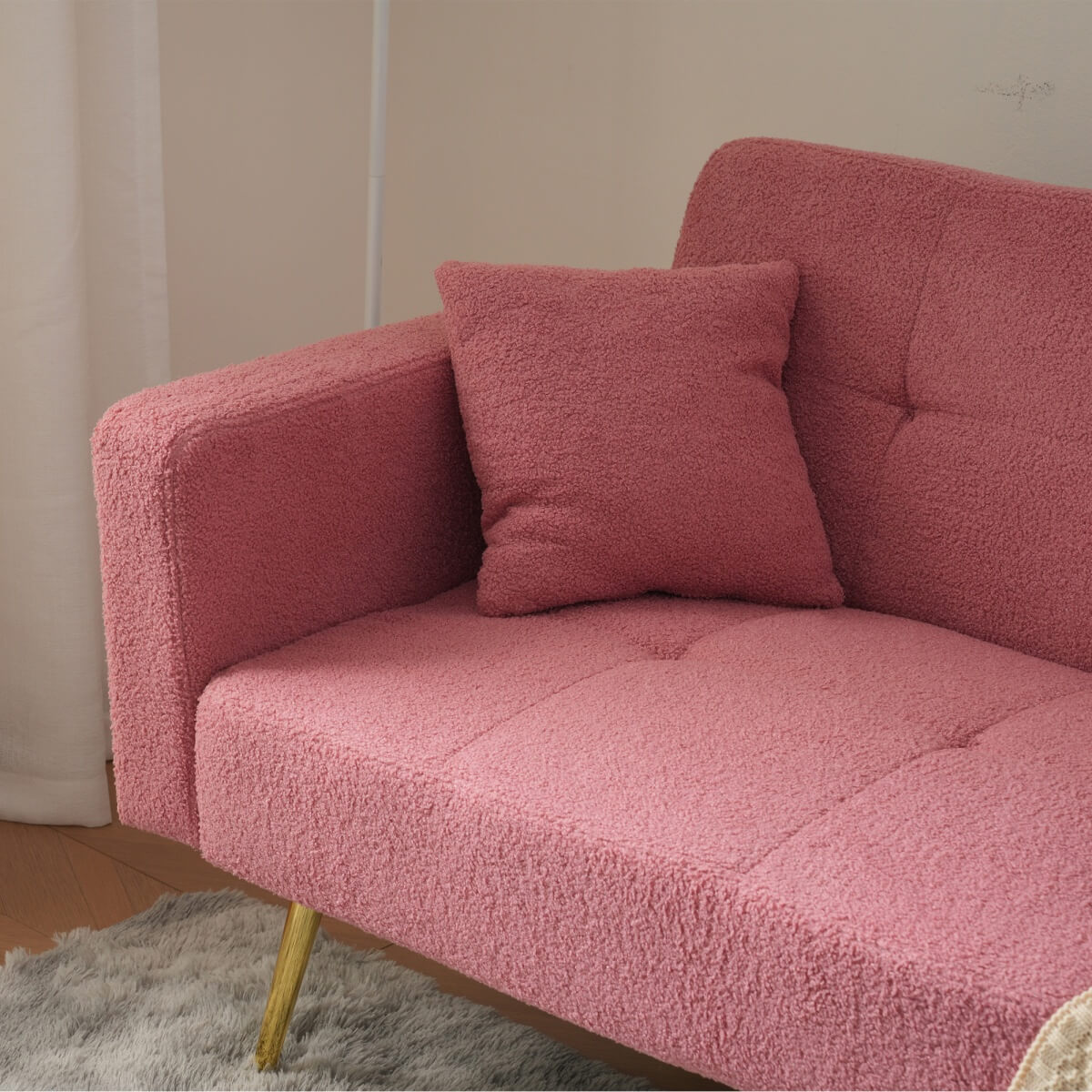 Modern Convertible Sofa Bed - Adjustable Recliner Sofa with Gold Legs and Side Storage Pockets, Pink