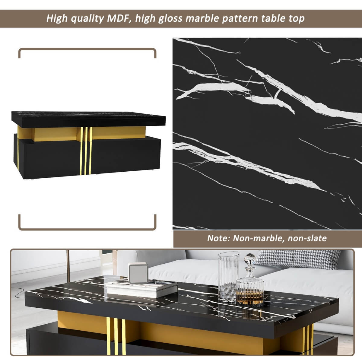 Black Rectangular Coffee Table - Marble Effect Top, 2 Wooden Drawers, 100x50x40cm