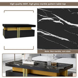 Black Rectangular Coffee Table - Marble Effect Top, 2 Wooden Drawers, 100x50x40cm