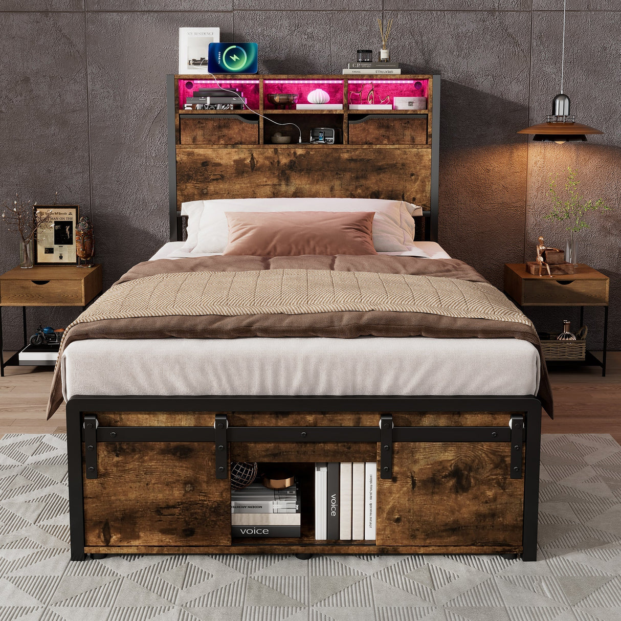 Metal Iron Bed, 3ft Single 90x190cm, with Multi-Color LED Lights, Charging Port (2A/1C), Storage, Black Wood