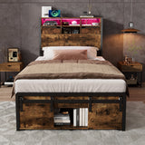 Metal Iron Bed, 3ft Single 90x190cm, with Multi-Color LED Lights, Charging Port (2A/1C), Storage, Black Wood