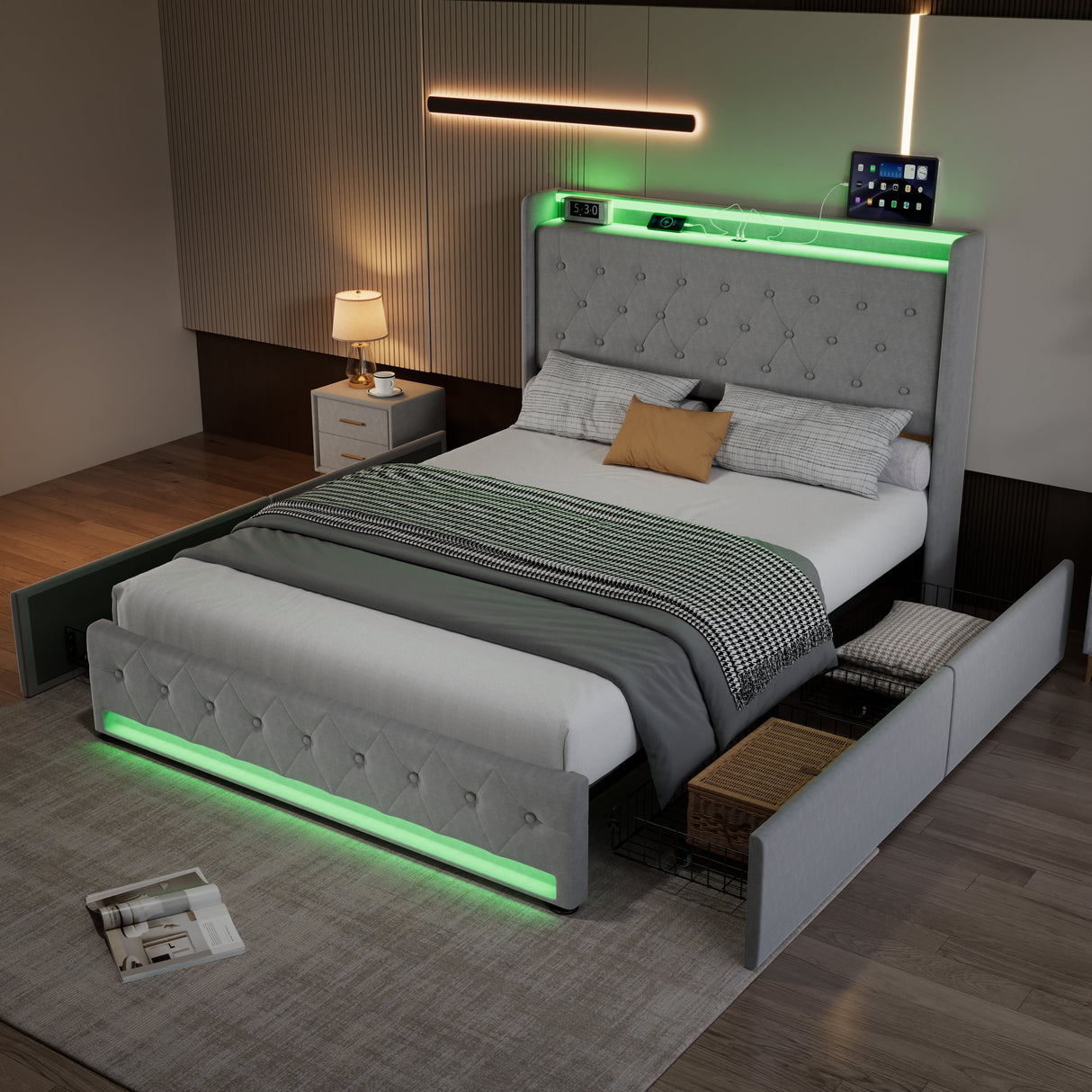 Upholstered Bed, 4ft6 Double with 4 Drawers, Light Strips & Charging Socket, Grey Velvet