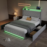 4ft6 Double Upholstered Storage Bed - Velvet Bed Frame with 4 Drawers, LED Light Strips & Charging Socket, Grey