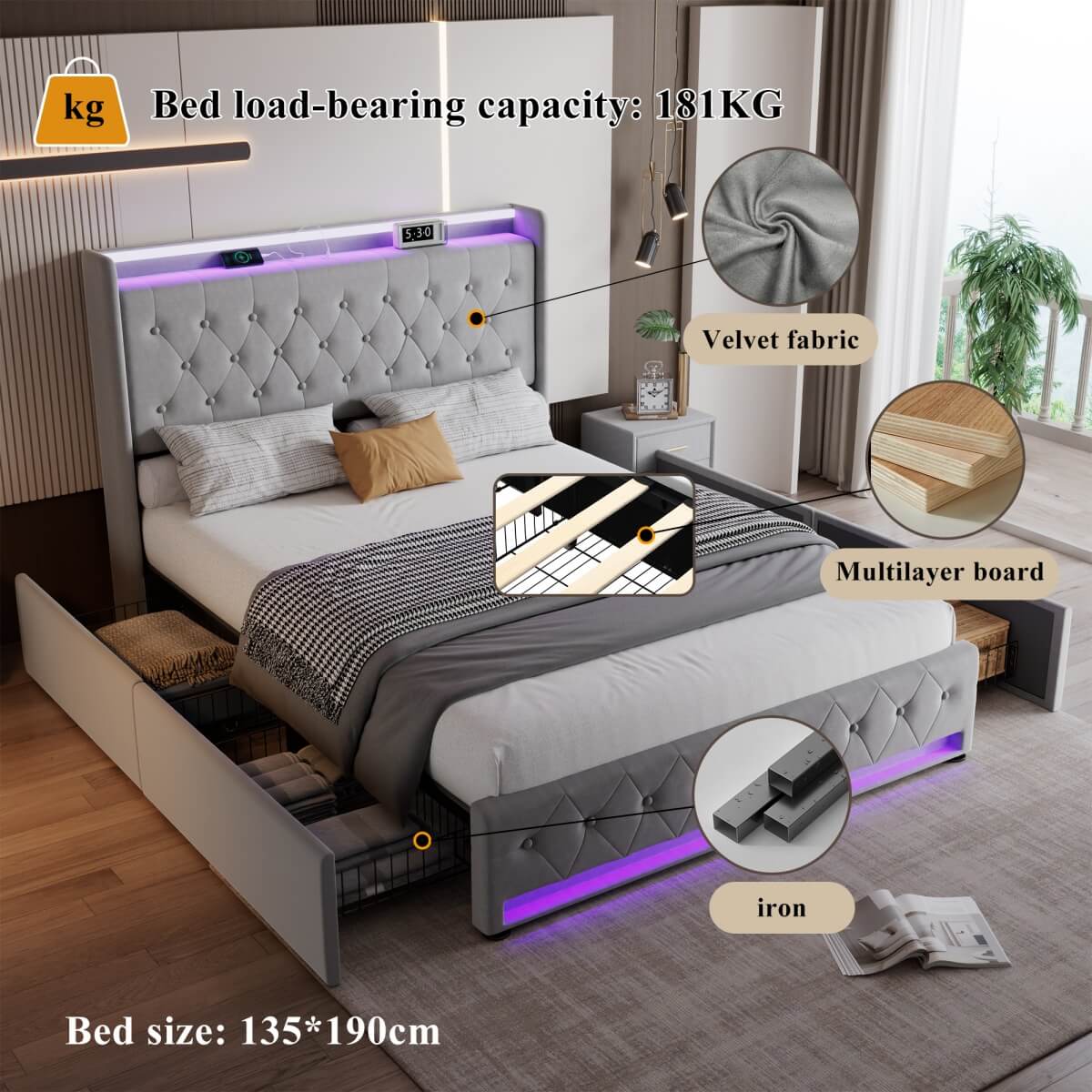 4ft6 Double Upholstered Storage Bed - Velvet Bed Frame with 4 Drawers, LED Light Strips & Charging Socket, Grey
