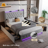 4ft6 Double Upholstered Storage Bed - Velvet Bed Frame with 4 Drawers, LED Light Strips & Charging Socket, Grey