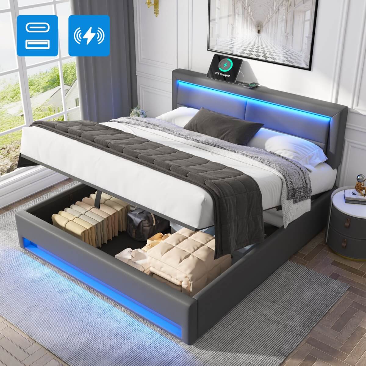 5ft King Size Upholstered Bed - LED Storage Bed with USB & Wireless Charging, Grey