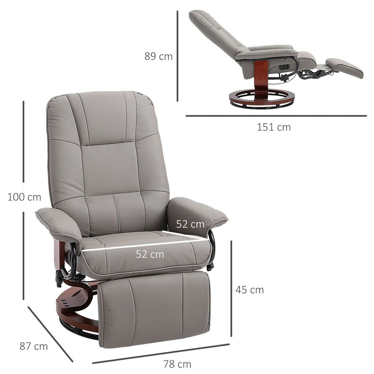 360?? Swivel Recliner Chair with Footstool, Manual Recliner Armchair, Faux Leather, Grey