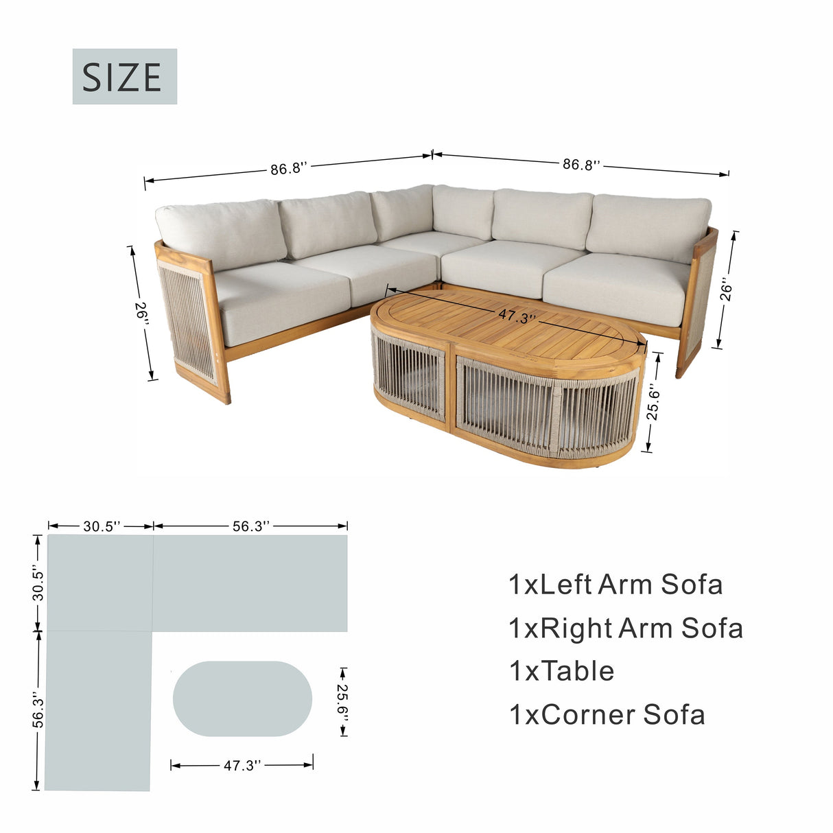 L-Shape 4-Seater Solid Acacia Modular Sofa Set with Oval Coffee Table (PAS-2516-LS+CS+RS+OTA)