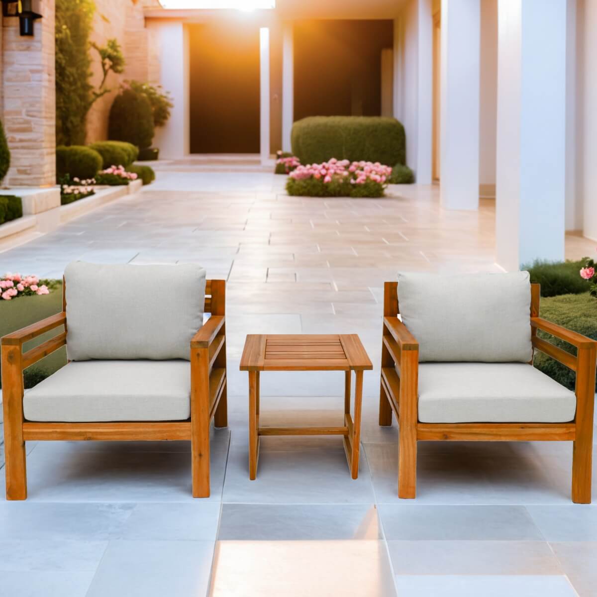 2-Seater Acacia Wood Outdoor Bistro Set – Solid Wood Garden Sofa with Side Table