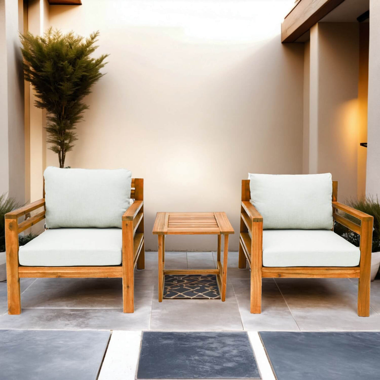 2-Seater Acacia Wood Outdoor Bistro Set – Solid Wood Garden Sofa with Side Table