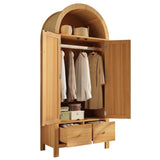 Rattan 2-Door Wardrobe with Arched Top - Hanging Rail, 2 Drawers and Magnetic Door Closures, Oak Effect