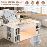 High Gloss White Coffee Table – LED Centre Table with Glass Top and Open Storage