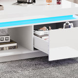 High Glossy LED Coffee Table with Drawer Storage, Wooden Centre Table with RGB Led Lights Rectangle Tea Table for Living Room Furniture, white Coffee Table with Open Display Shelf