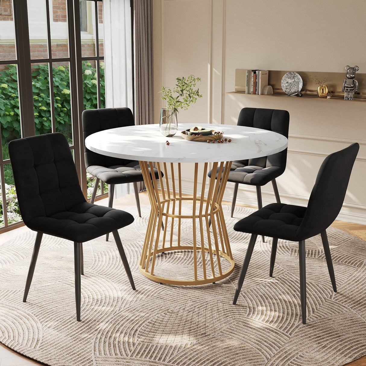 Dining Table Set, Round with Golden Metal Legs, White MDF Top, Black Velvet Chairs