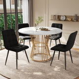 Dining Table Set, Round with Golden Metal Legs, White MDF Top, Black Velvet Chairs
