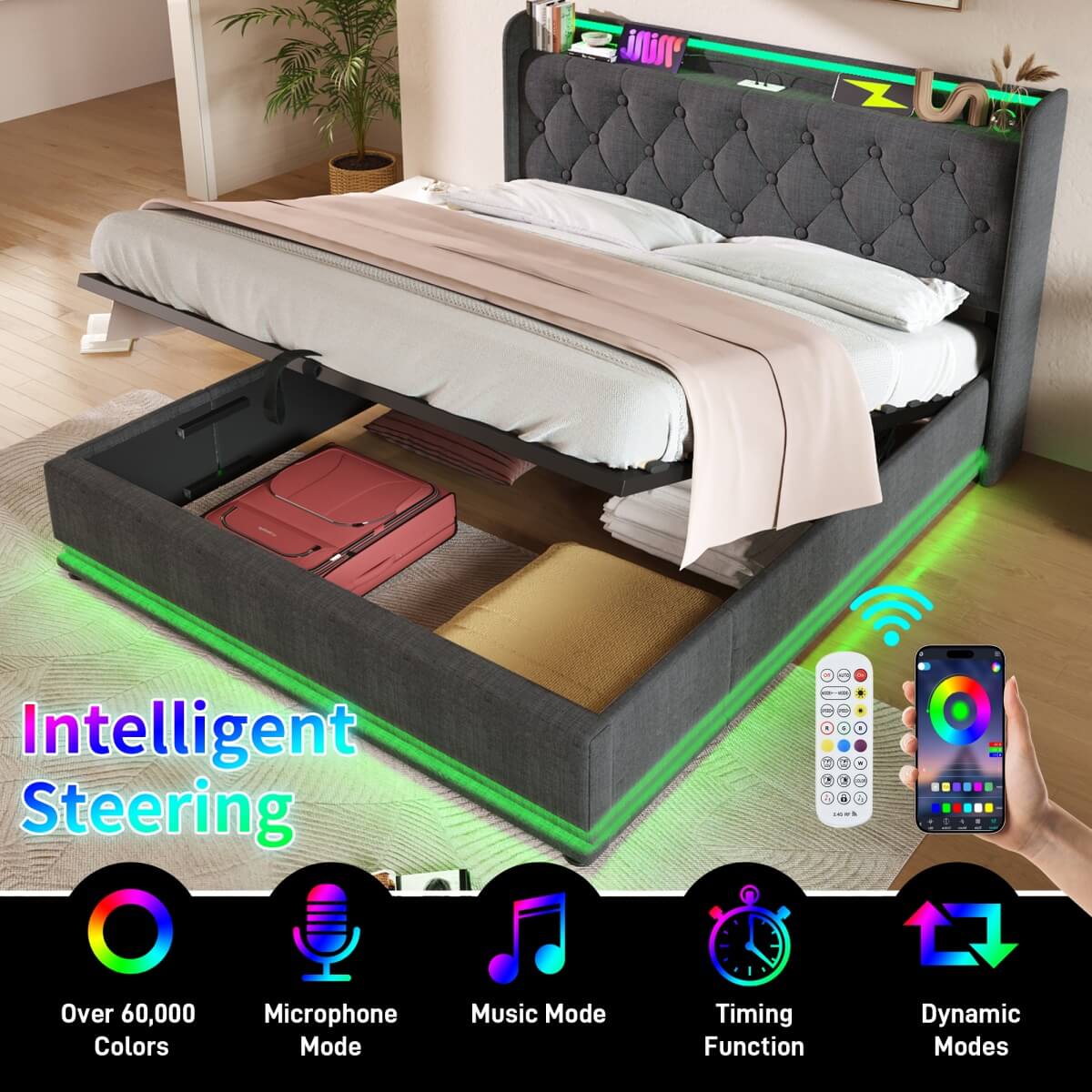 4ft6 Double Ottoman Bed – Grey Linen Upholstered Bed with 360° LED Lighting, Hydraulic Storage and USB Charging