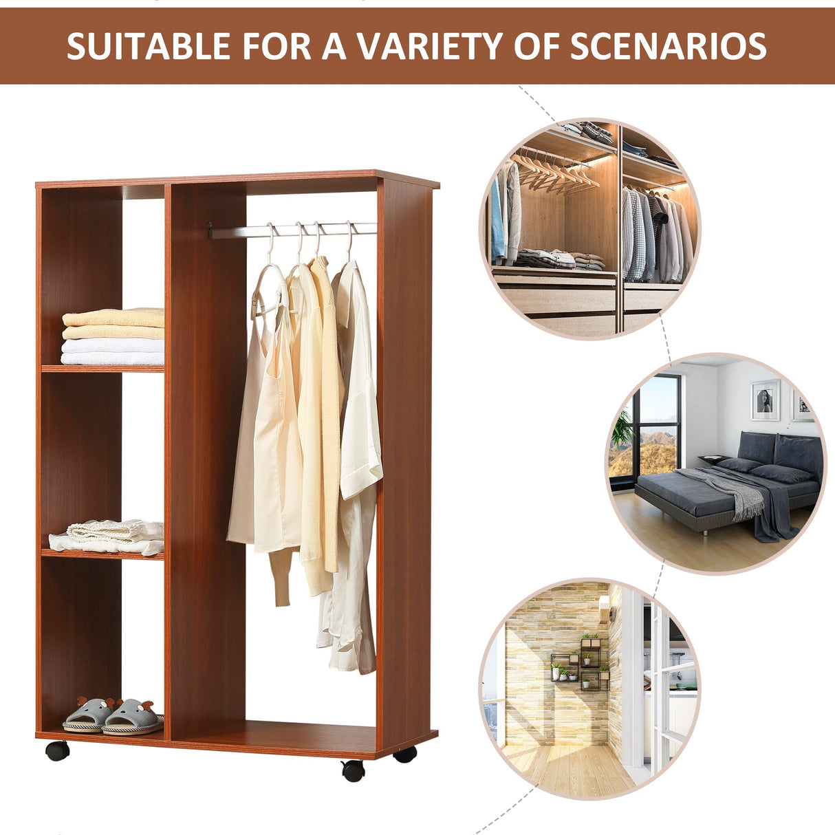 Open Wardrobe on Wheels, Clothes Hanging Rail & 3 Storage Shelves, Walnut