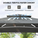 Grill Gazebo, Double Tiered BBQ Shelter Canopy with LED Lights, 2 Side Shelves, Hooks, Dark Grey
