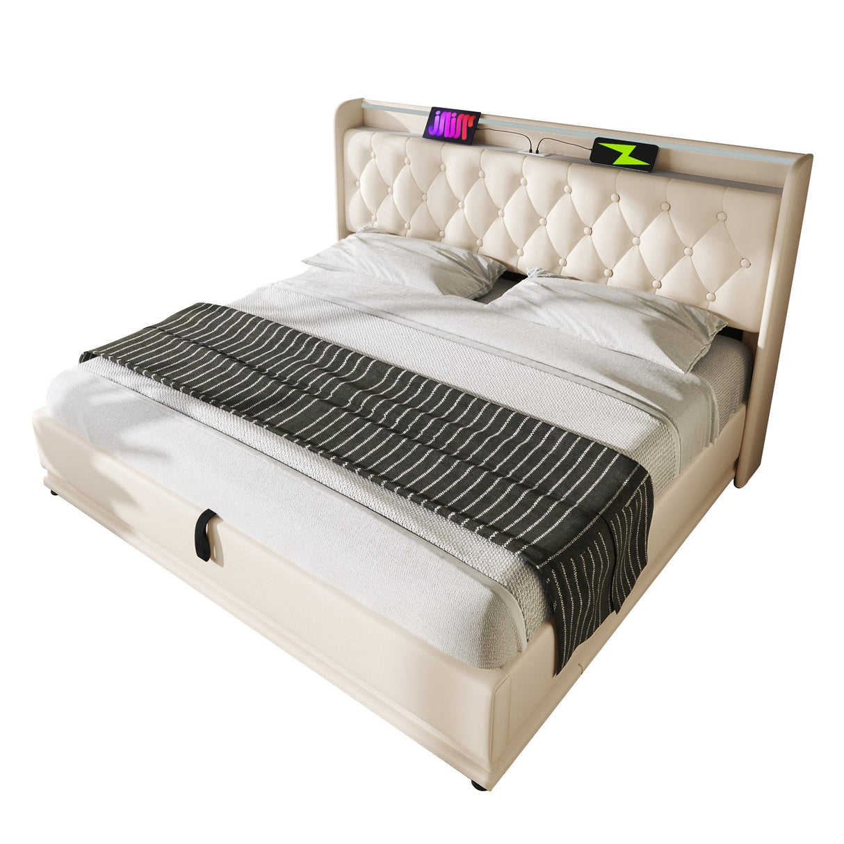 Upholstered Double Ottoman Bed with 360 Surround LED, Hydraulic Storage, Charging Function, PU, White
