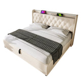 Upholstered Double Ottoman Bed with 360 Surround LED, Hydraulic Storage, Charging Function, PU, White