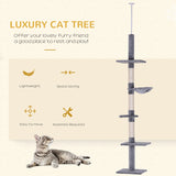 Floor to Ceiling Cat Tree - 5-Tier Kitty Tower Climbing Activity Center Scratching Post Adjustable Height - Grey