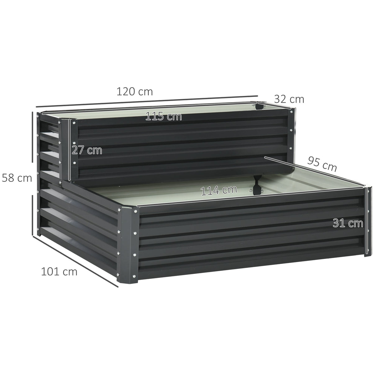 2 Tier Raised Garden Bed, Galvanised Planter Box for Vegetables Flowers Herbs, Dark Grey