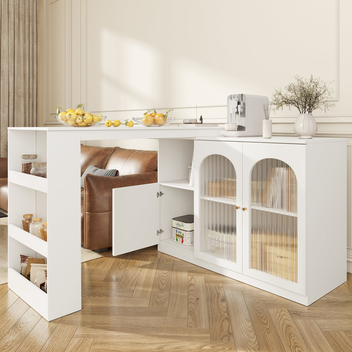 Bar Table, 360?? Rotating Dining & Storage Cabinet with Glass Door, White