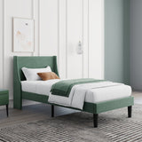 3FT Single Upholstered Velvet Bed - Winged Headboard with Slatted Base