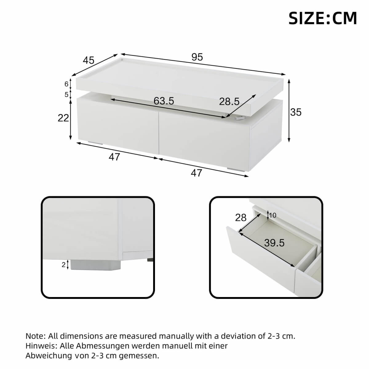 High Gloss Coffee Table with LED Lights - Modern White Storage Table with 2 Drawers