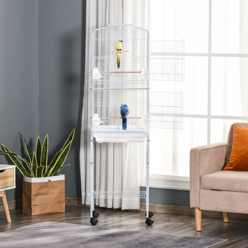 Bird Cage with Stand Wheels Slide-out Tray Storage Shelf, White