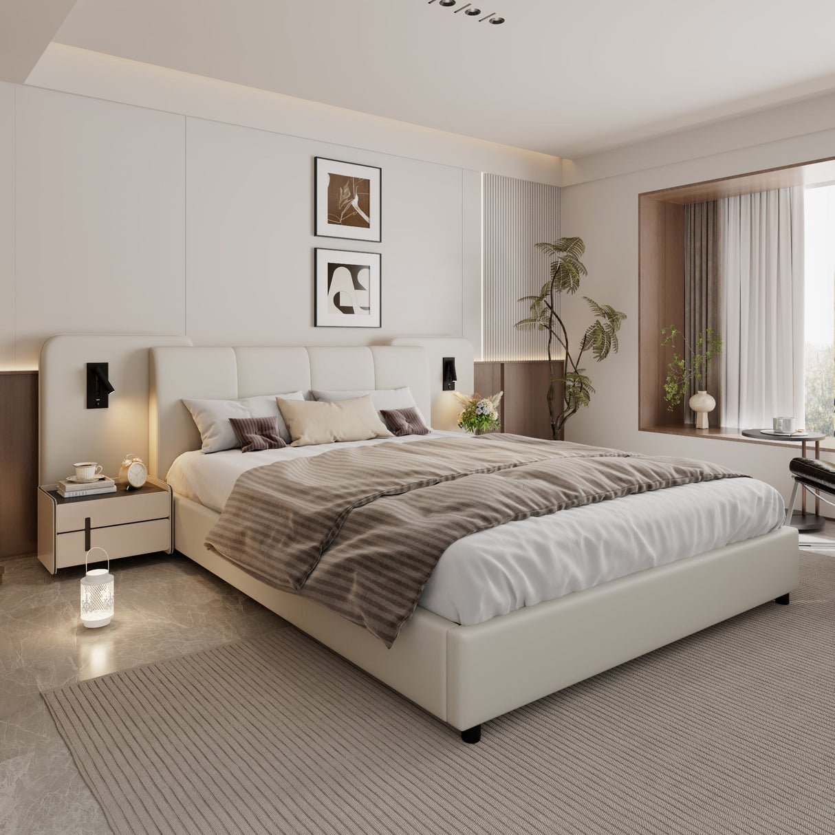 Upholstered Bed with Charging Port and Lighting, 4ft6 Double 135x190cm, Soft Sponge Headboard Backrest, Anti-collision Sponge Filling, PU + Plywood, Beige