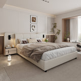 Upholstered Bed with Charging Port and Lighting, 4ft6 Double 135x190cm, Soft Sponge Headboard Backrest, Anti-collision Sponge Filling, PU + Plywood, Beige