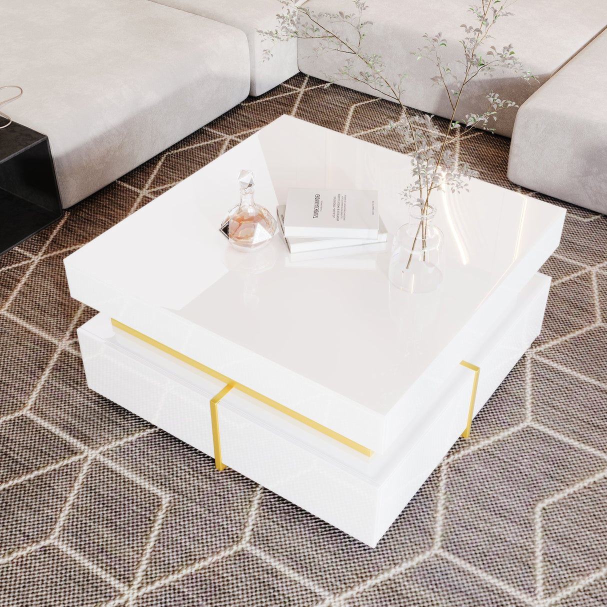 Coffee Table, High-Gloss, Drawers and Gold Accents