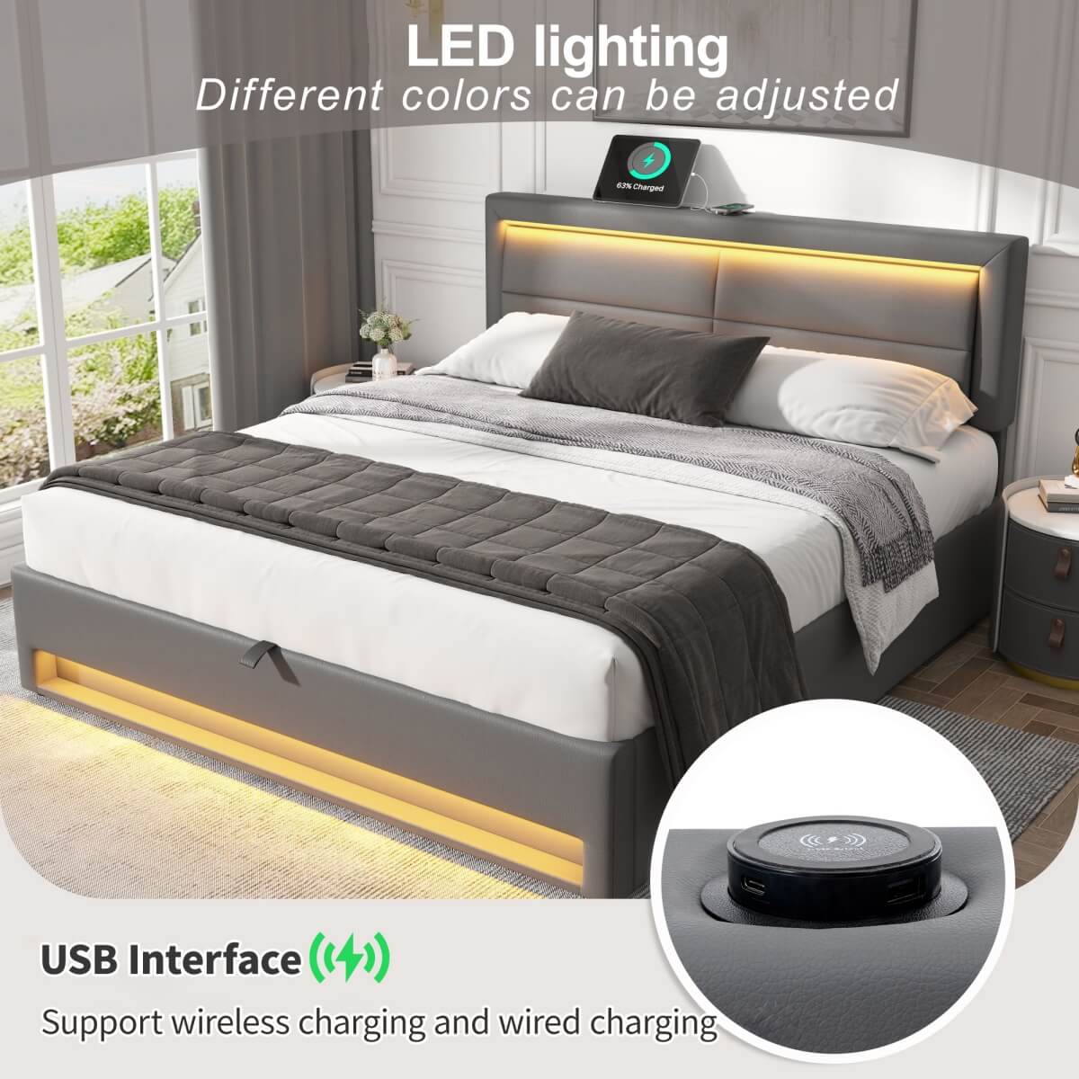 4ft6 Double Upholstered Bed - LED Storage Bed with USB & Wireless Charging, Grey