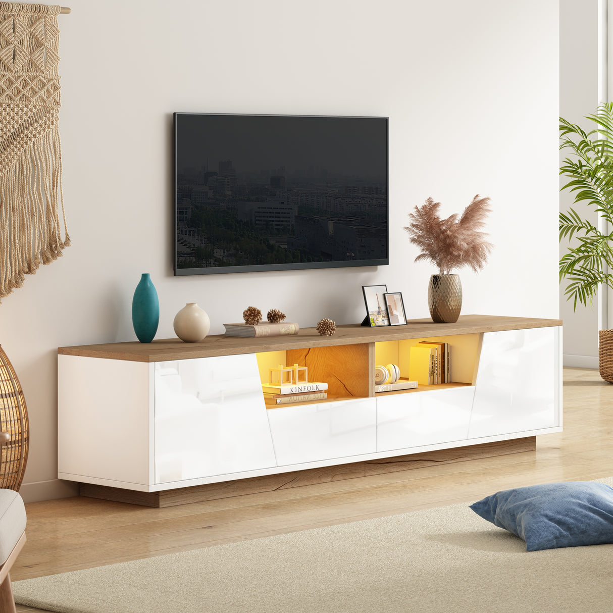 LED TV Stand for 65 Inch TV, Modern Wood Media Console with Storage Drawers, Cabinets and Cable Management, Low Profile Entertainment Center for Living Room Bedroom, White & Oak