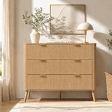3-Drawer Chest of Drawers - Fluted Bedroom Storage Unit with Rounded Corners, Gold Handles and 4 Solid Wood Legs, Natural Oak Effect