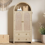 Rattan Effect Sideboard with 2 Drawers - Vintage Storage Cabinet with Arched Design for Living Room and Bedroom, Oak