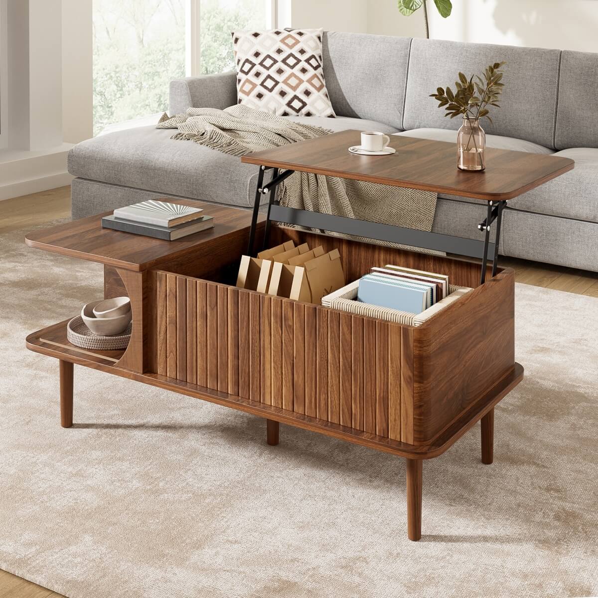 Retro Lift Top Coffee Table with Sliding Door - Walnut Effect Finish, Vertical Slat Design and Wooden Legs, Walnut