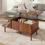 Retro Lift Top Coffee Table with Sliding Door - Walnut Effect Finish, Vertical Slat Design and Wooden Legs, Walnut