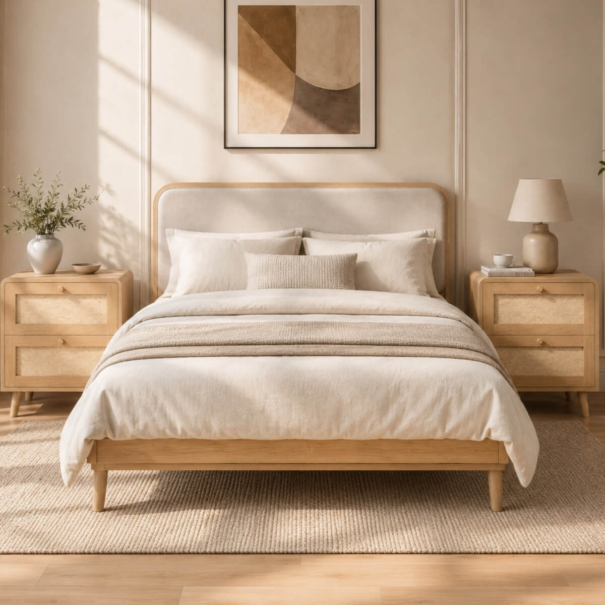 Set of 2 Rattan Effect Bedside Tables with 2 Drawers - Rounded Corners and Raised Legs, Natural Oak
