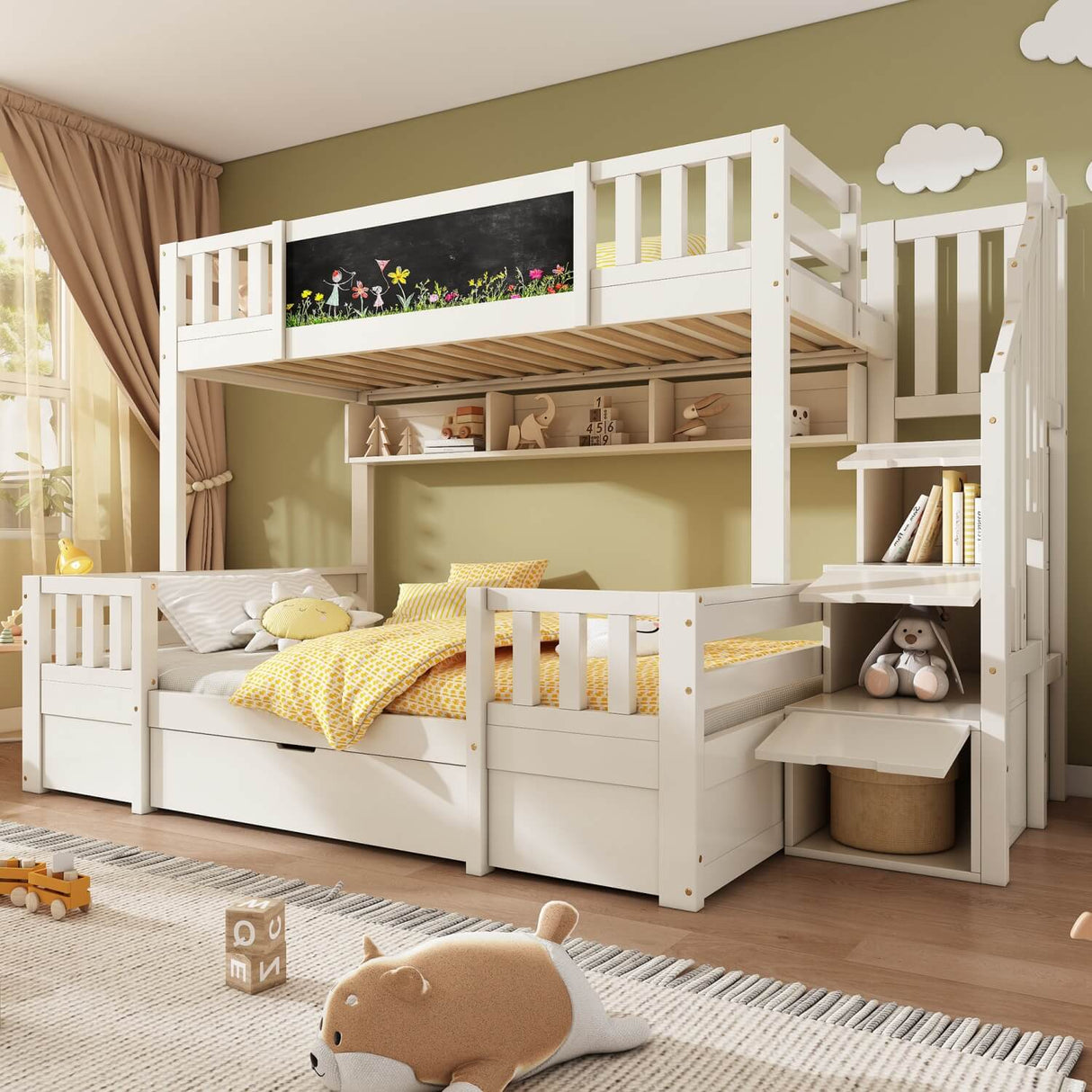 Solid Wood Kids Bunk Bed with Staircase – 90×190cm Top & 135×190cm Bottom, Storage Drawers and Chalkboard