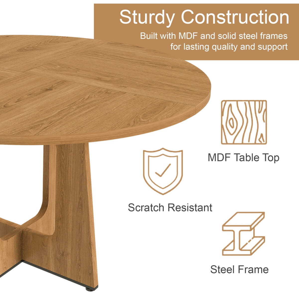 Round Dining Table for 4 - 47 Inch Farmhouse Kitchen Table with Wood Grain Finish, Circular Dining Table for Dining Room & Kitchen, Oak