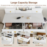 Makeup Vanity Desk with Mirror - 9 Hollywood Lights, 4 Drawers, Open Storage, Power Socket, Hair Dryer Holder & Stool, White