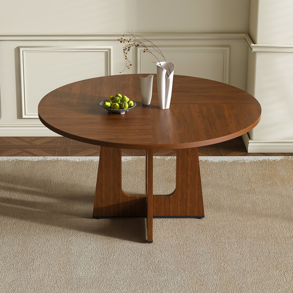 Round Dining Table for 4 - 47 Inch Farmhouse Kitchen Table with Wood Grain Finish, Circular Dining Table for Dining Room & Kitchen, Walnut