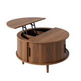 Round Lift Top Coffee Table with Vertical Slat Design - MDF Living Room Table with Hidden Storage and Sliding Door, Walnut