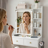 Small Makeup Vanity Desk with Mirror - Adjustable LED Lights, Power Socket, Hair Dryer Holder, Storage Rack & Padded Stool, White