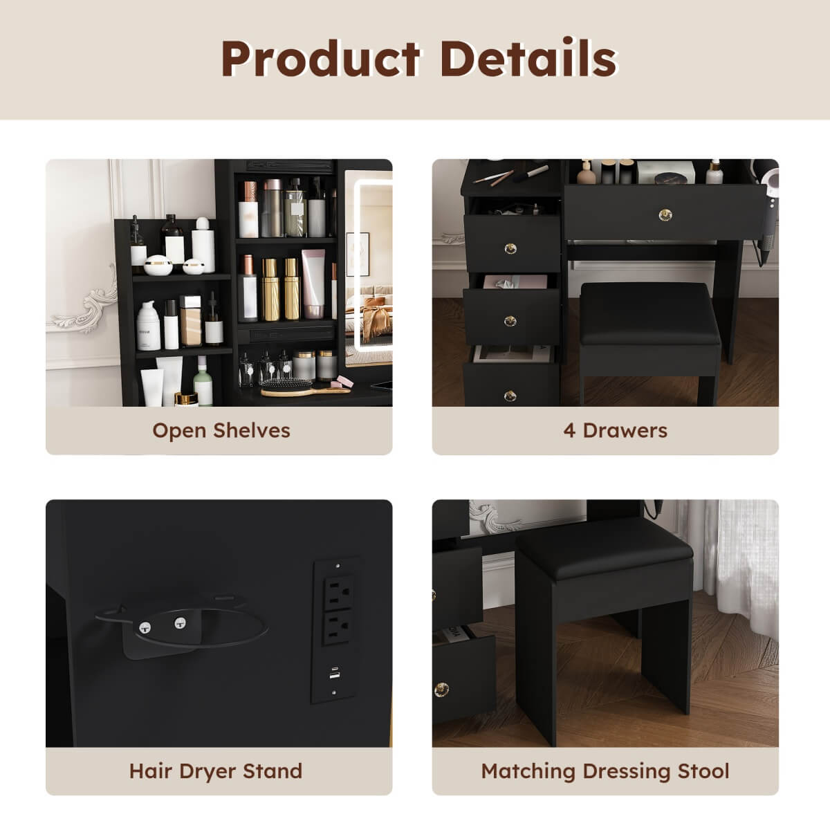 Modern Black Vanity Desk with 3-Mode LED Lighting - Dressing Table with 4 Drawers, Open Storage Shelves, Hair Dryer Holder, Power Socket & Chair