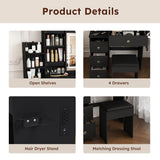Modern Black Vanity Desk with 3-Mode LED Lighting - Dressing Table with 4 Drawers, Open Storage Shelves, Hair Dryer Holder, Power Socket & Chair
