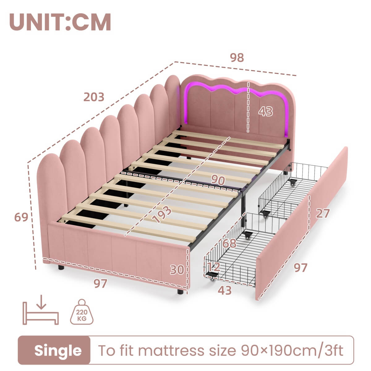 3ft Single Velvet Daybed - RGB LED Lights, 2 Storage Drawers, Scalloped Backrest, Pink